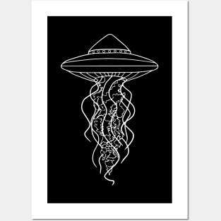 UFO Jellyfish White Line Drawing on Black Posters and Art